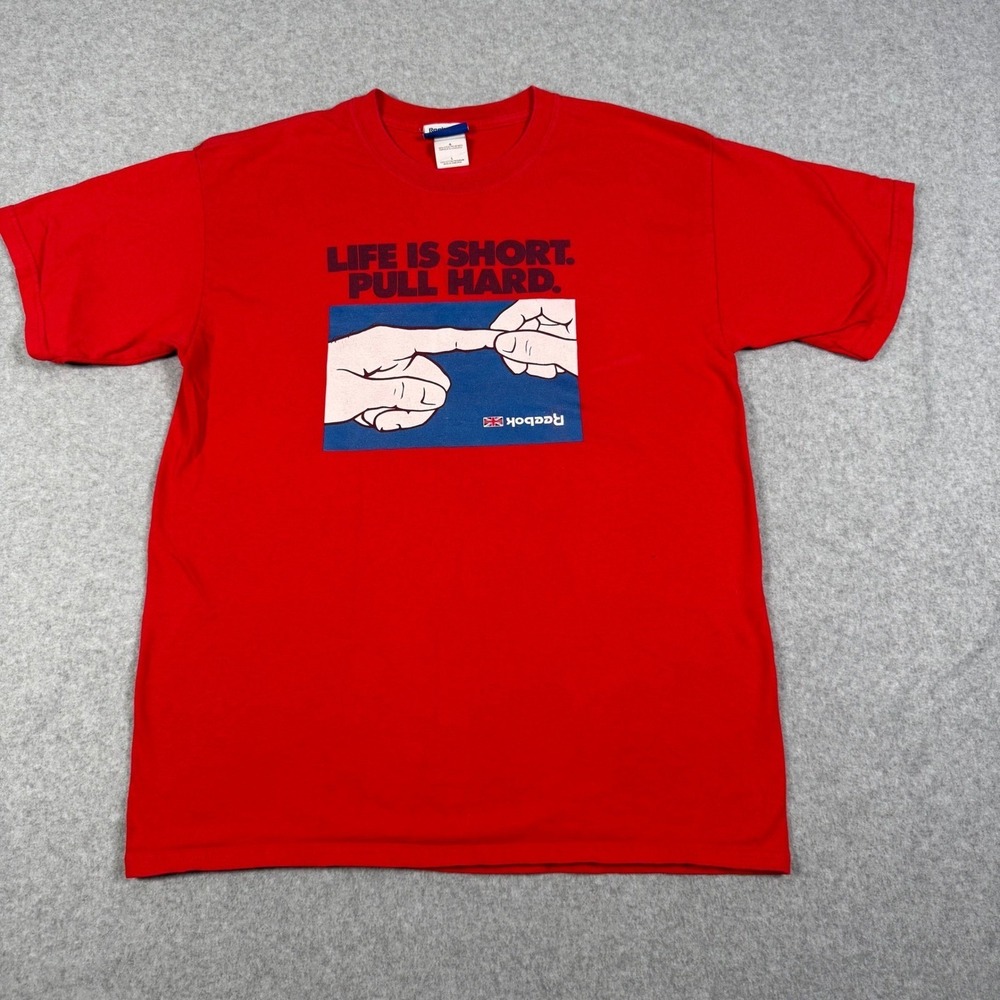 Vintage Y2K Reebok Classic Red Life Is Short Pull Hard Graphic T-Shirt Large